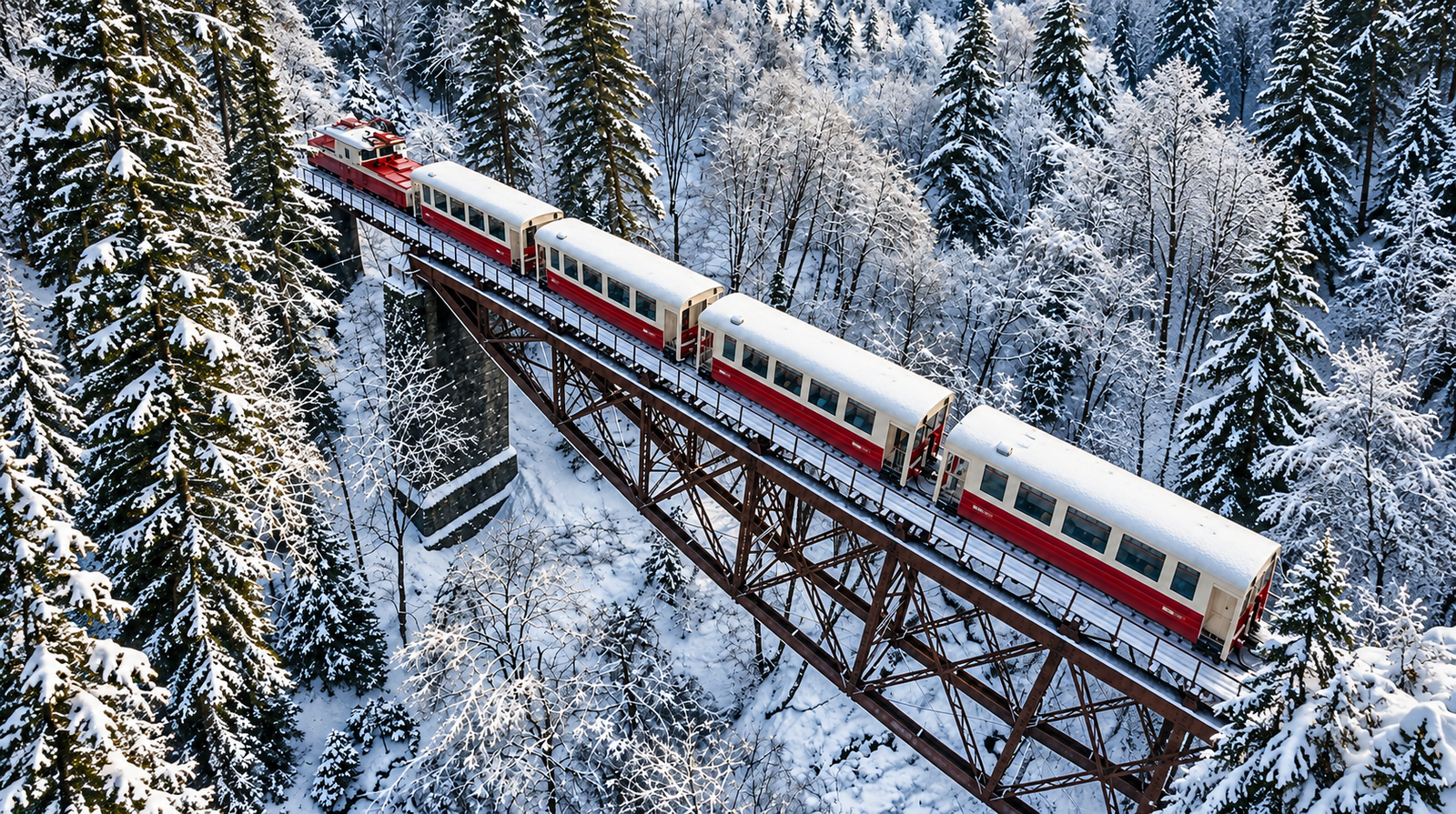 georgia in winter snow kukushka train crossing a forest viaduct near bakuriani