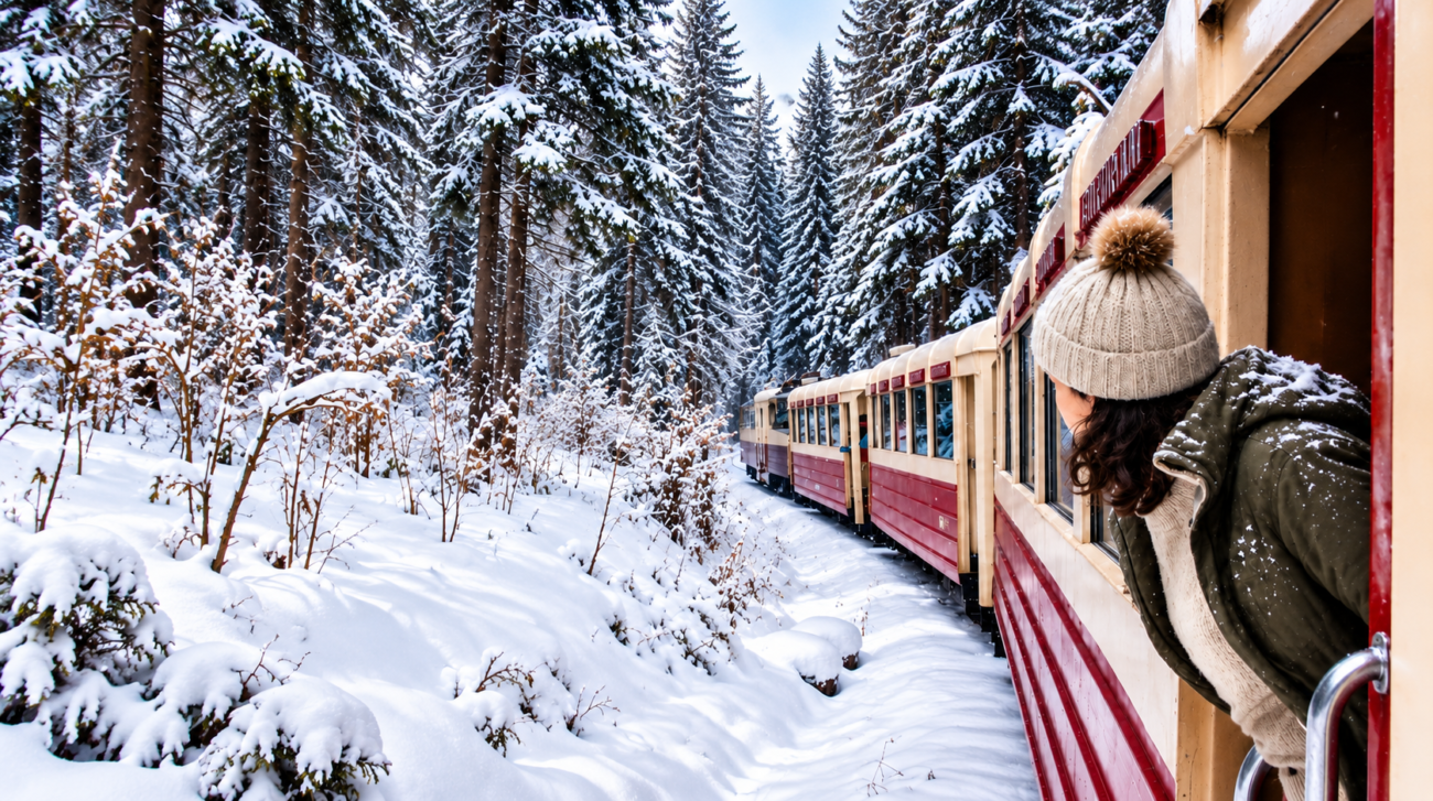 kukushka train journey through snowy pine forest from borjomi to bakuriani georgia